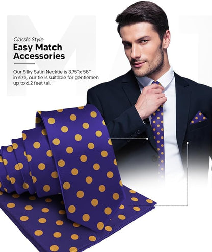 Vittorio Farina Men's Polka Dot Satin Necktie & Pocket Square - Purple and Gold - Necktie & Pocket Square - Vittorio Farina