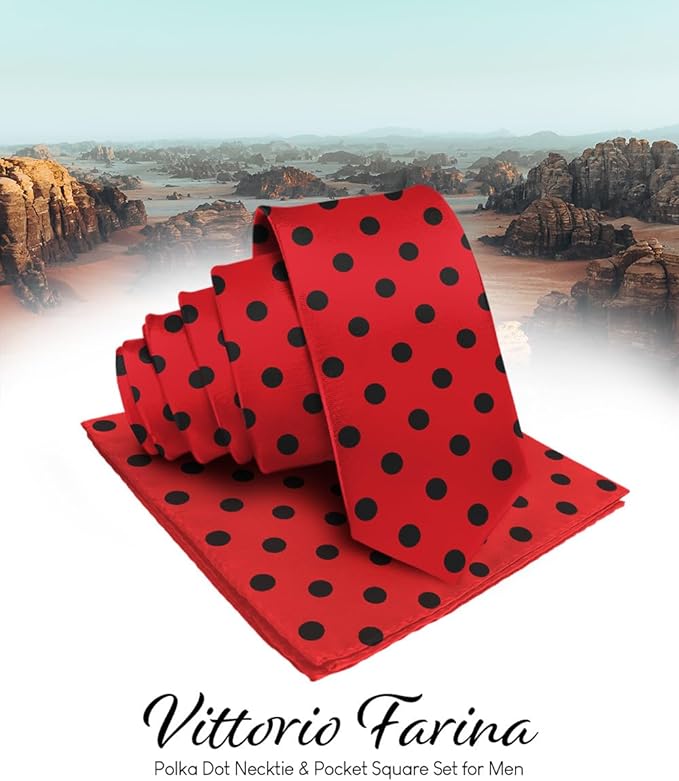 Vittorio Farina Men's Polka Dot Satin Necktie & Pocket Square - Red and Black - Necktie & Pocket Square - Vittorio Farina