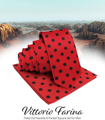 Vittorio Farina Men's Polka Dot Satin Necktie & Pocket Square - Red and Black - Necktie & Pocket Square - Vittorio Farina