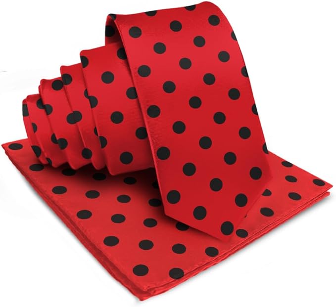 Vittorio Farina Men's Polka Dot Satin Necktie & Pocket Square - Red and Black - Necktie & Pocket Square - Vittorio Farina