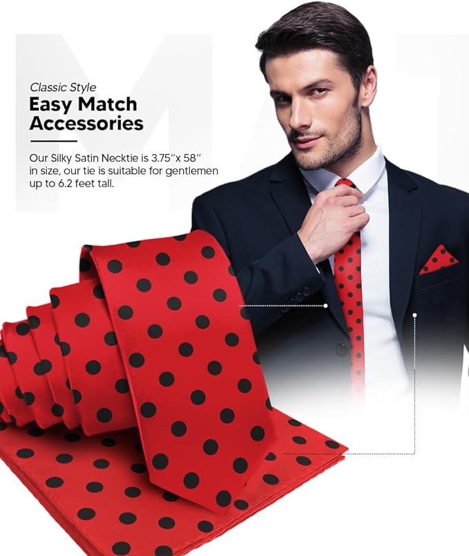 Vittorio Farina Men's Polka Dot Satin Necktie & Pocket Square - Red and Black - Necktie & Pocket Square - Vittorio Farina