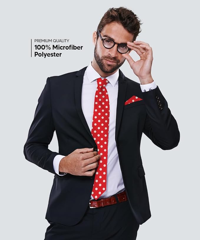 Vittorio Farina Men's Polka Dot Satin Necktie & Pocket Square - Red and White - Necktie & Pocket Square - Vittorio Farina