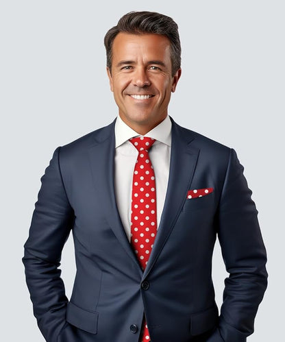 Vittorio Farina Men's Polka Dot Satin Necktie & Pocket Square - Red and White - Necktie & Pocket Square - Vittorio Farina