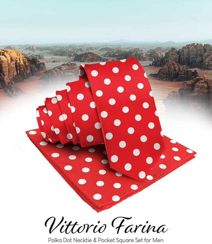 Vittorio Farina Men's Polka Dot Satin Necktie & Pocket Square - Red and White - Necktie & Pocket Square - Vittorio Farina