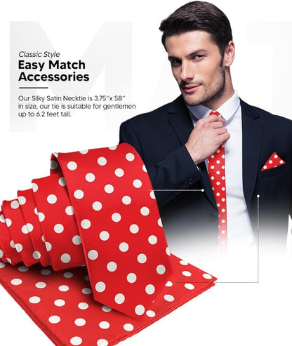 Vittorio Farina Men's Polka Dot Satin Necktie & Pocket Square - Red and White - Necktie & Pocket Square - Vittorio Farina