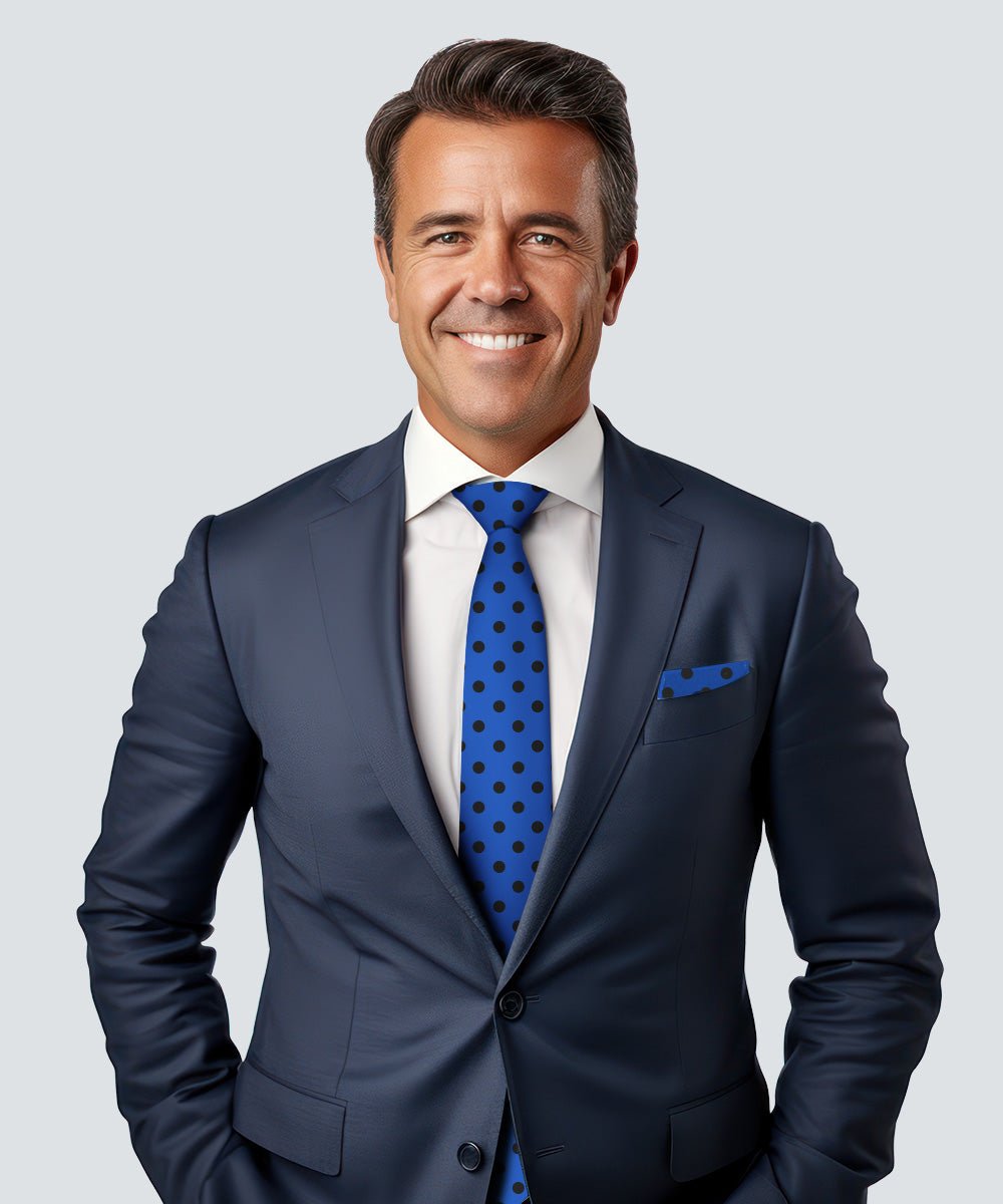 Vittorio Farina Men's Polka Dot Satin Necktie & Pocket Square - Royal Blue and Black - Necktie & Pocket Square - Vittorio Farina