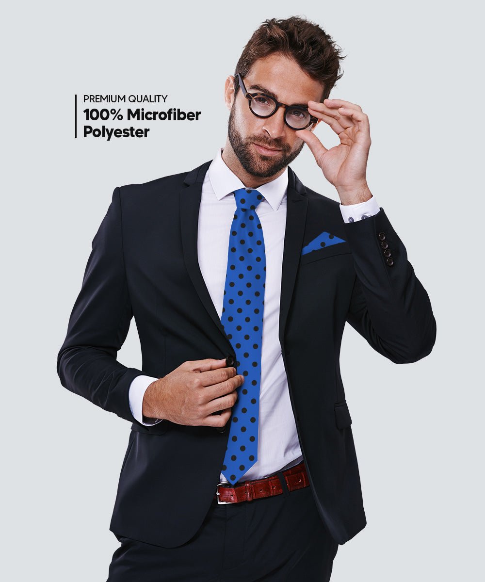 Vittorio Farina Men's Polka Dot Satin Necktie & Pocket Square - Royal Blue and Black - Necktie & Pocket Square - Vittorio Farina