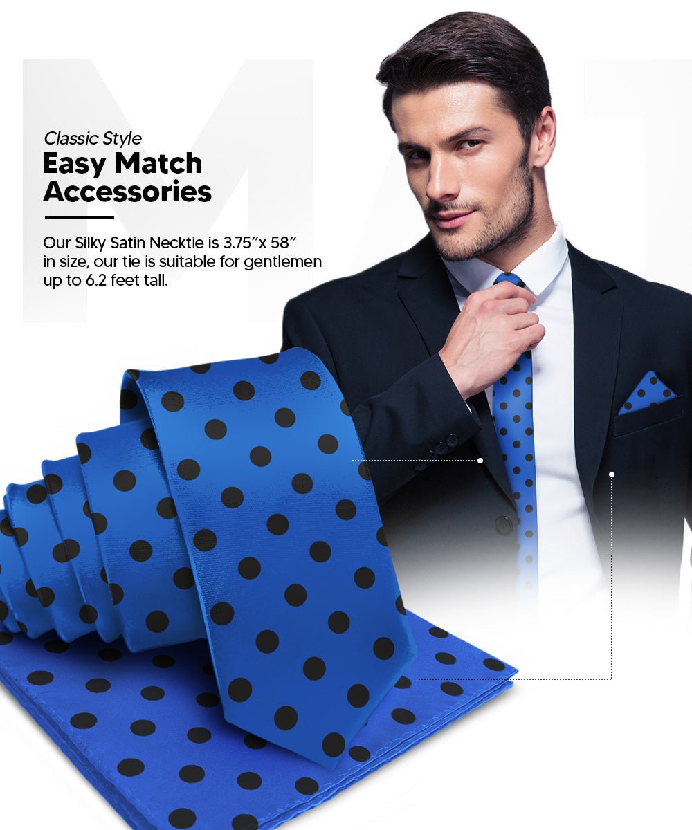 Vittorio Farina Men's Polka Dot Satin Necktie & Pocket Square - Royal Blue and Black - Necktie & Pocket Square - Vittorio Farina