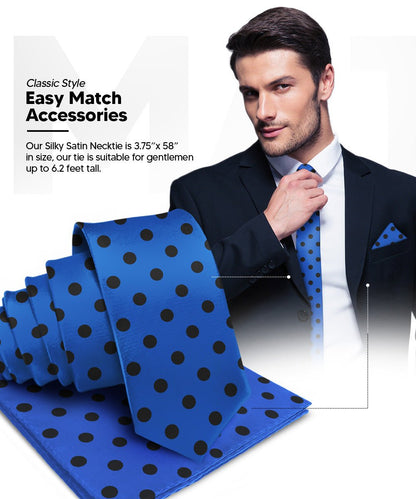 Vittorio Farina Men's Polka Dot Satin Necktie & Pocket Square - Royal Blue and Black - Necktie & Pocket Square - Vittorio Farina