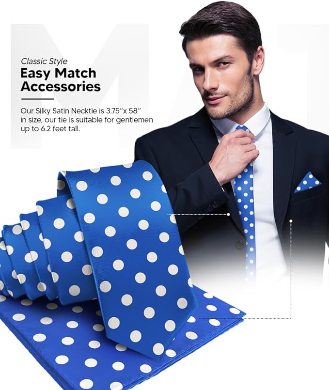 Vittorio Farina Men's Polka Dot Satin Necktie & Pocket Square - Royal Blue and White - Necktie & Pocket Square - Vittorio Farina