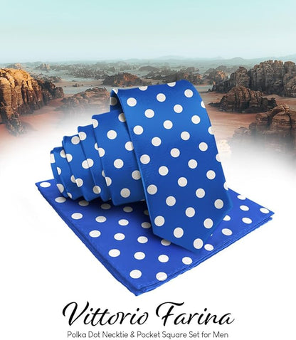 Vittorio Farina Men's Polka Dot Satin Necktie & Pocket Square - Royal Blue and White - Necktie & Pocket Square - Vittorio Farina