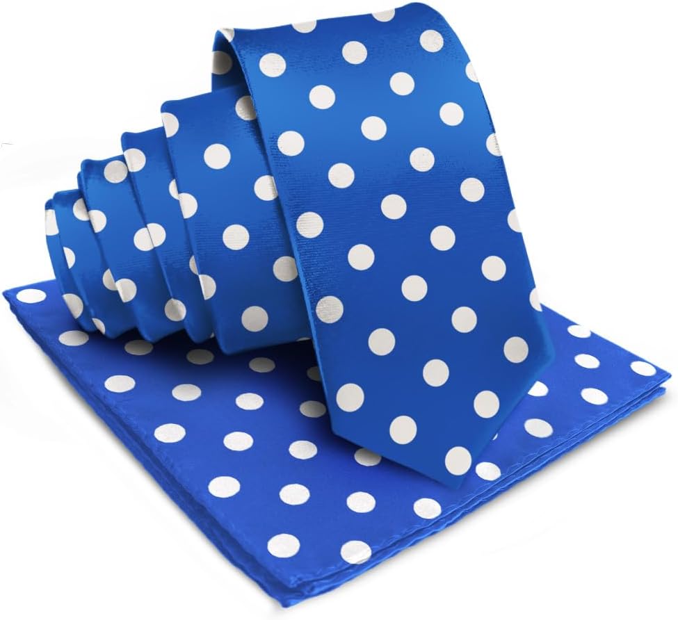 Vittorio Farina Men's Polka Dot Satin Necktie & Pocket Square - Royal Blue and White - Necktie & Pocket Square - Vittorio Farina