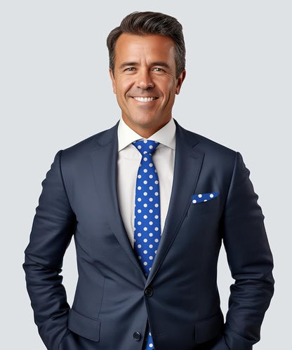 Vittorio Farina Men's Polka Dot Satin Necktie & Pocket Square - Royal Blue and White - Necktie & Pocket Square - Vittorio Farina