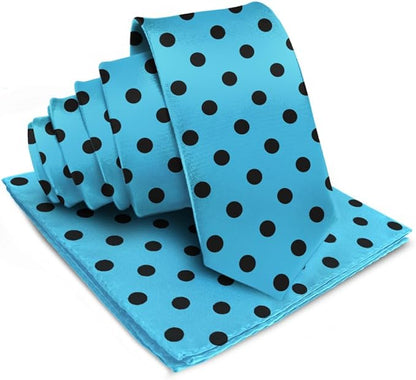 Vittorio Farina Men's Polka Dot Satin Necktie & Pocket Square - Turquoise and Black - Necktie & Pocket Square - Vittorio Farina