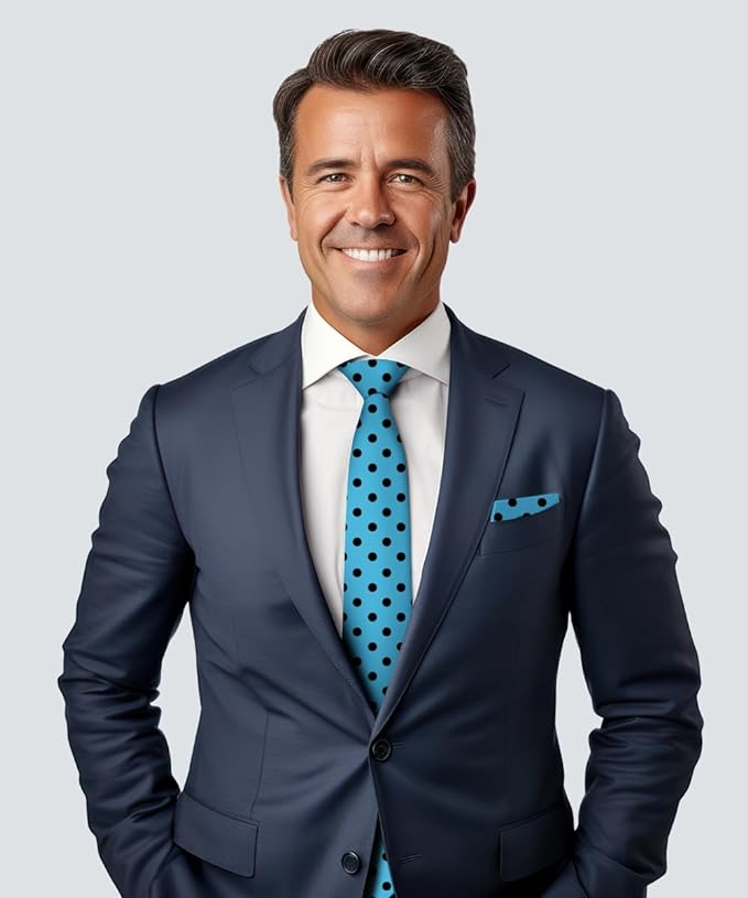 Vittorio Farina Men's Polka Dot Satin Necktie & Pocket Square - Turquoise and Black - Necktie & Pocket Square - Vittorio Farina