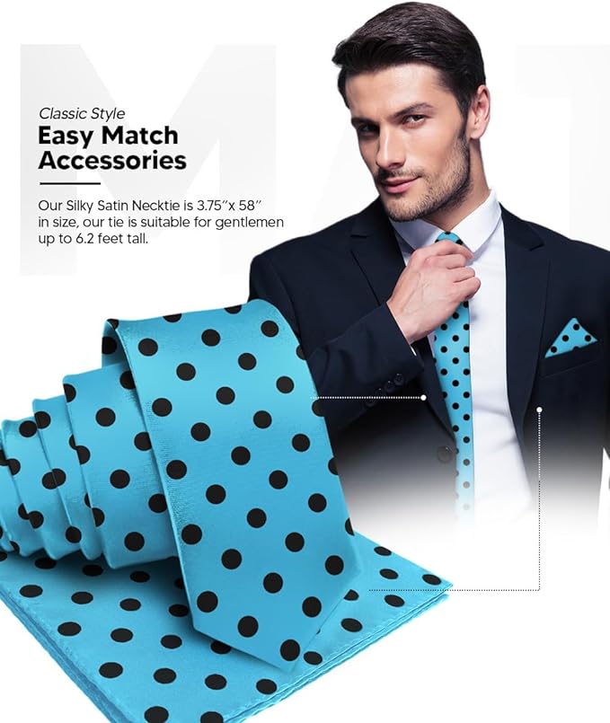 Vittorio Farina Men's Polka Dot Satin Necktie & Pocket Square - Turquoise and Black - Necktie & Pocket Square - Vittorio Farina