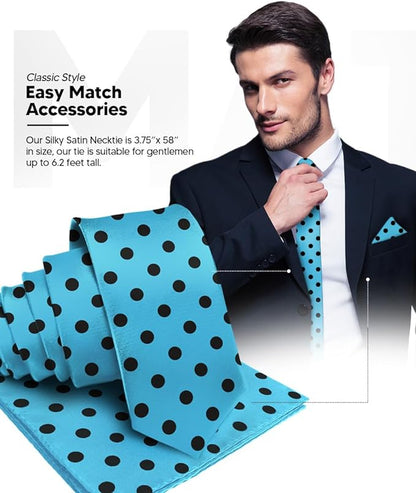 Vittorio Farina Men's Polka Dot Satin Necktie & Pocket Square - Turquoise and Black - Necktie & Pocket Square - Vittorio Farina