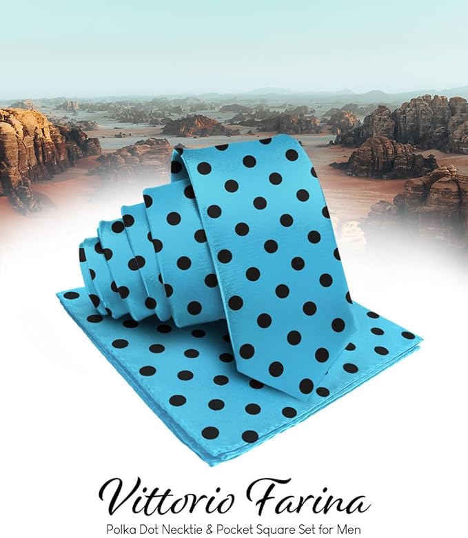 Vittorio Farina Men's Polka Dot Satin Necktie & Pocket Square - Turquoise and Black - Necktie & Pocket Square - Vittorio Farina
