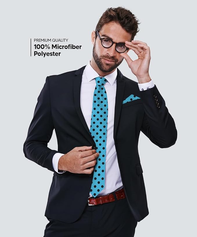 Vittorio Farina Men's Polka Dot Satin Necktie & Pocket Square - Turquoise and Black - Necktie & Pocket Square - Vittorio Farina