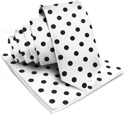 Vittorio Farina Men's Polka Dot Satin Necktie & Pocket Square - White and Black - Necktie & Pocket Square - Vittorio Farina