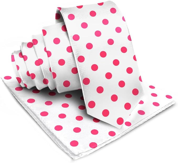 Vittorio Farina Men's Polka Dot Satin Necktie & Pocket Square - White and Hot Pink - Necktie & Pocket Square - Vittorio Farina