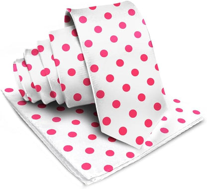Vittorio Farina Men's Polka Dot Satin Necktie & Pocket Square - White and Hot Pink - Necktie & Pocket Square - Vittorio Farina