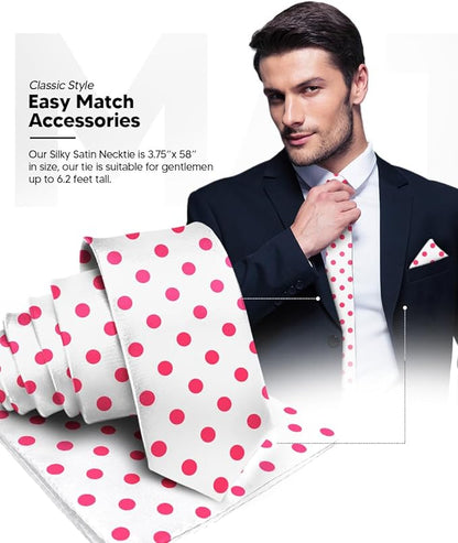 Vittorio Farina Men's Polka Dot Satin Necktie & Pocket Square - White and Hot Pink - Necktie & Pocket Square - Vittorio Farina