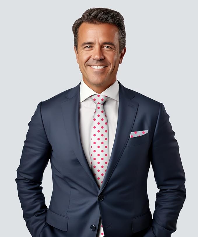Vittorio Farina Men's Polka Dot Satin Necktie & Pocket Square - White and Hot Pink - Necktie & Pocket Square - Vittorio Farina