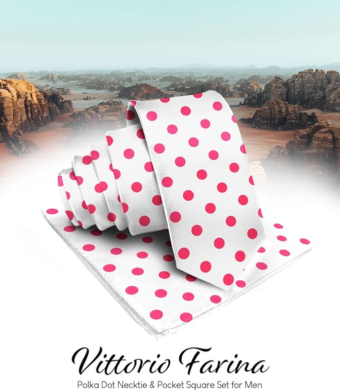 Vittorio Farina Men's Polka Dot Satin Necktie & Pocket Square - White and Hot Pink - Necktie & Pocket Square - Vittorio Farina