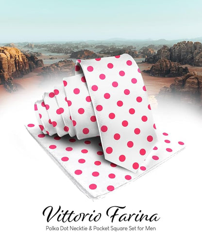 Vittorio Farina Men's Polka Dot Satin Necktie & Pocket Square - White and Hot Pink - Necktie & Pocket Square - Vittorio Farina