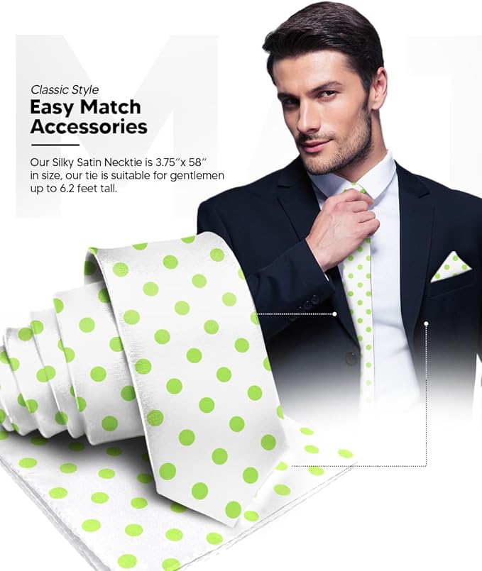 Vittorio Farina Men's Polka Dot Satin Necktie & Pocket Square - White and Lime Green - Necktie & Pocket Square - Vittorio Farina