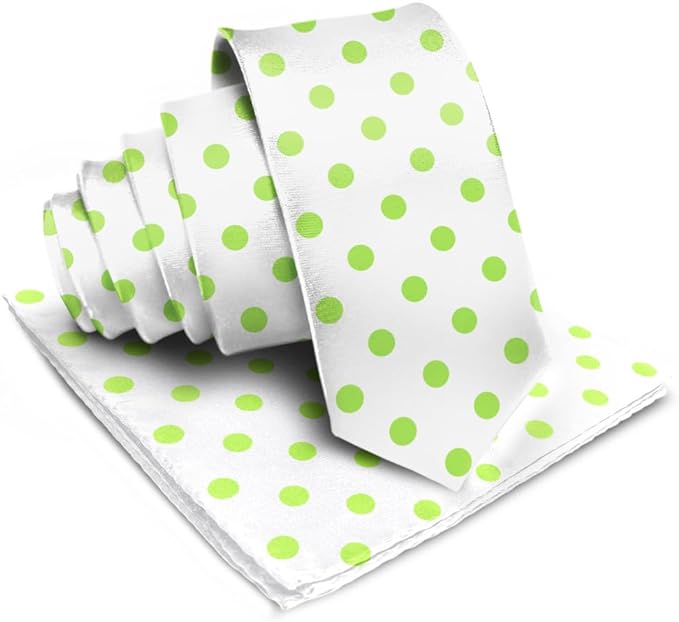 Vittorio Farina Men's Polka Dot Satin Necktie & Pocket Square - White and Lime Green - Necktie & Pocket Square - Vittorio Farina