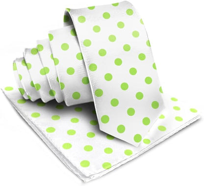 Vittorio Farina Men's Polka Dot Satin Necktie & Pocket Square - White and Lime Green - Necktie & Pocket Square - Vittorio Farina