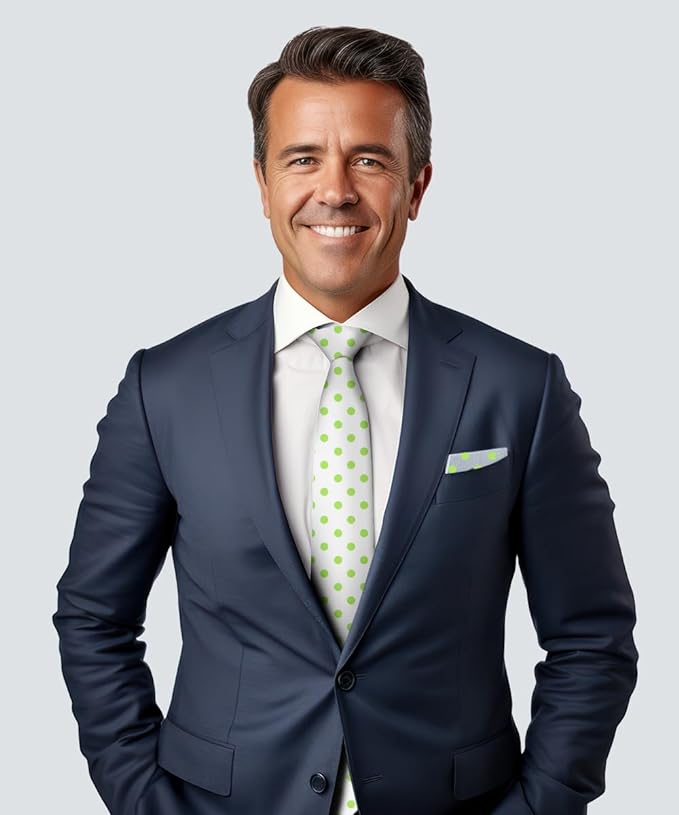 Vittorio Farina Men's Polka Dot Satin Necktie & Pocket Square - White and Lime Green - Necktie & Pocket Square - Vittorio Farina