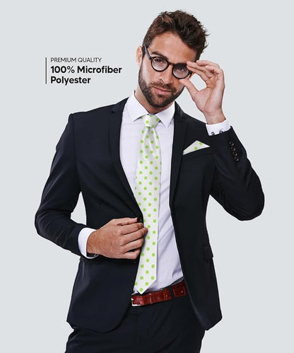 Vittorio Farina Men's Polka Dot Satin Necktie & Pocket Square - White and Lime Green - Necktie & Pocket Square - Vittorio Farina