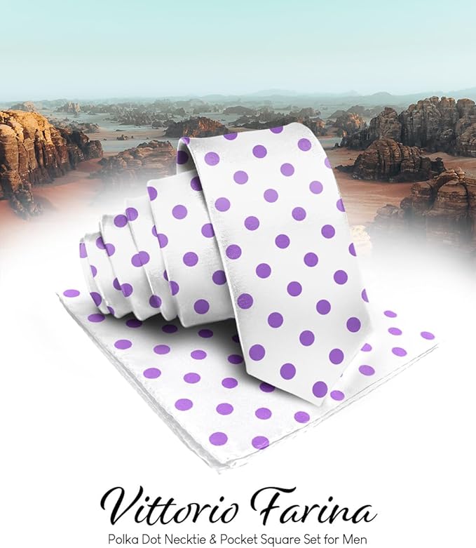 Vittorio Farina Men's Polka Dot Satin Necktie & Pocket Square - White and Purple - Necktie & Pocket Square - Vittorio Farina