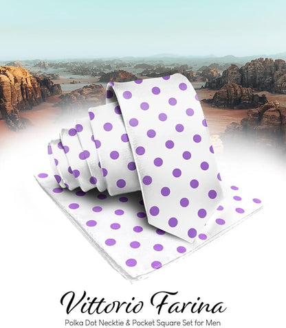 Vittorio Farina Men's Polka Dot Satin Necktie & Pocket Square - White and Purple - Necktie & Pocket Square - Vittorio Farina