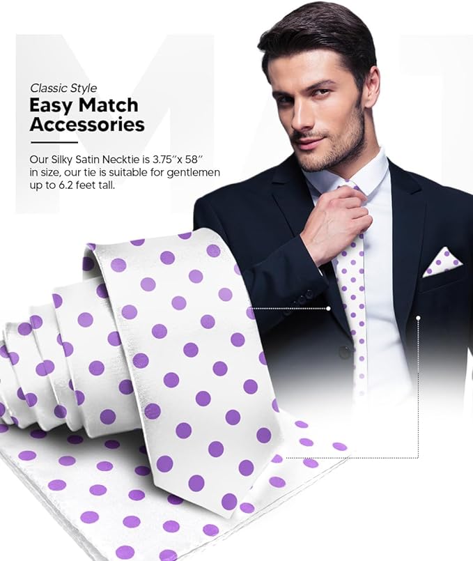 Vittorio Farina Men's Polka Dot Satin Necktie & Pocket Square - White and Purple - Necktie & Pocket Square - Vittorio Farina