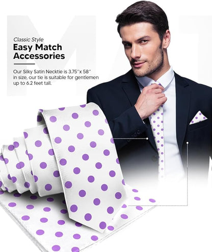 Vittorio Farina Men's Polka Dot Satin Necktie & Pocket Square - White and Purple - Necktie & Pocket Square - Vittorio Farina