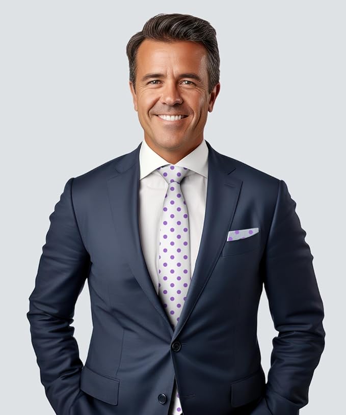 Vittorio Farina Men's Polka Dot Satin Necktie & Pocket Square - White and Purple - Necktie & Pocket Square - Vittorio Farina
