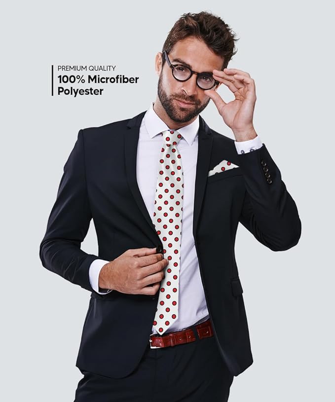 Vittorio Farina Men's Polka Dot Satin Necktie & Pocket Square - White and Red - Necktie & Pocket Square - Vittorio Farina