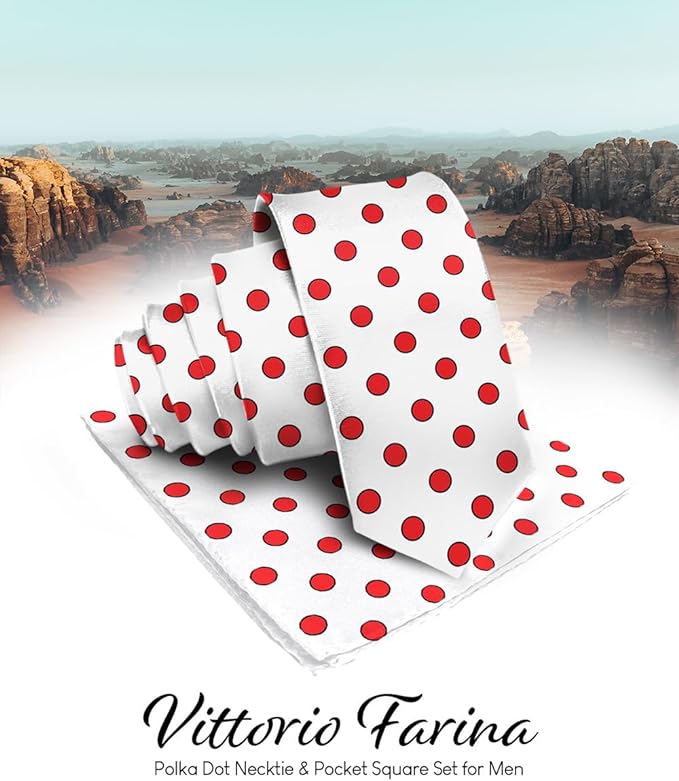 Vittorio Farina Men's Polka Dot Satin Necktie & Pocket Square - White and Red - Necktie & Pocket Square - Vittorio Farina