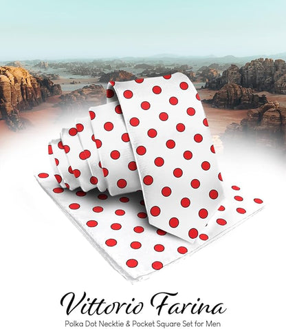 Vittorio Farina Men's Polka Dot Satin Necktie & Pocket Square - White and Red - Necktie & Pocket Square - Vittorio Farina