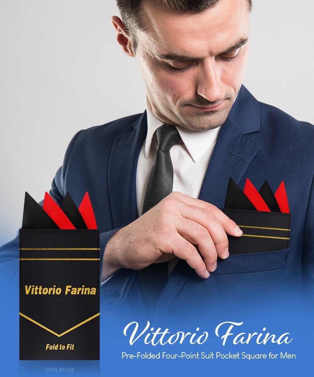 Vittorio Farina Men's Pre-Folded Pocket Square: Four-Point - Black and Red - Pocket Square - Vittorio Farina