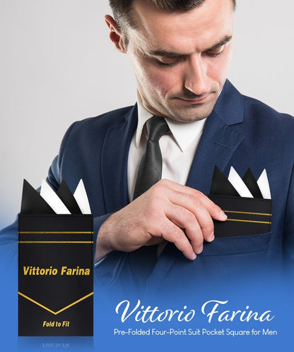 Vittorio Farina Men's Pre-Folded Pocket Square: Four-Point - Black and White - Pocket Square - Vittorio Farina