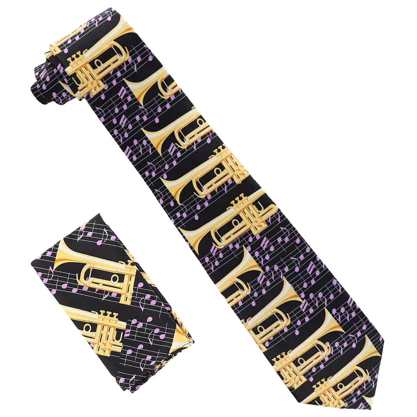 Vittorio Farina Men's Red and Gold Trombone Musical Necktie and Pocket Square - Black and Lavender - Necktie & Pocket Square - Vittorio Farina