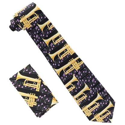 Vittorio Farina Men's Red and Gold Trombone Musical Necktie and Pocket Square - Black and Lavender - Necktie & Pocket Square - Vittorio Farina