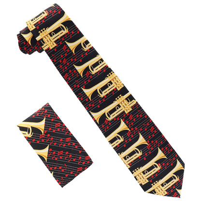 Vittorio Farina Men's Red and Gold Trombone Musical Necktie and Pocket Square - Black and Red - Necktie & Pocket Square - Vittorio Farina