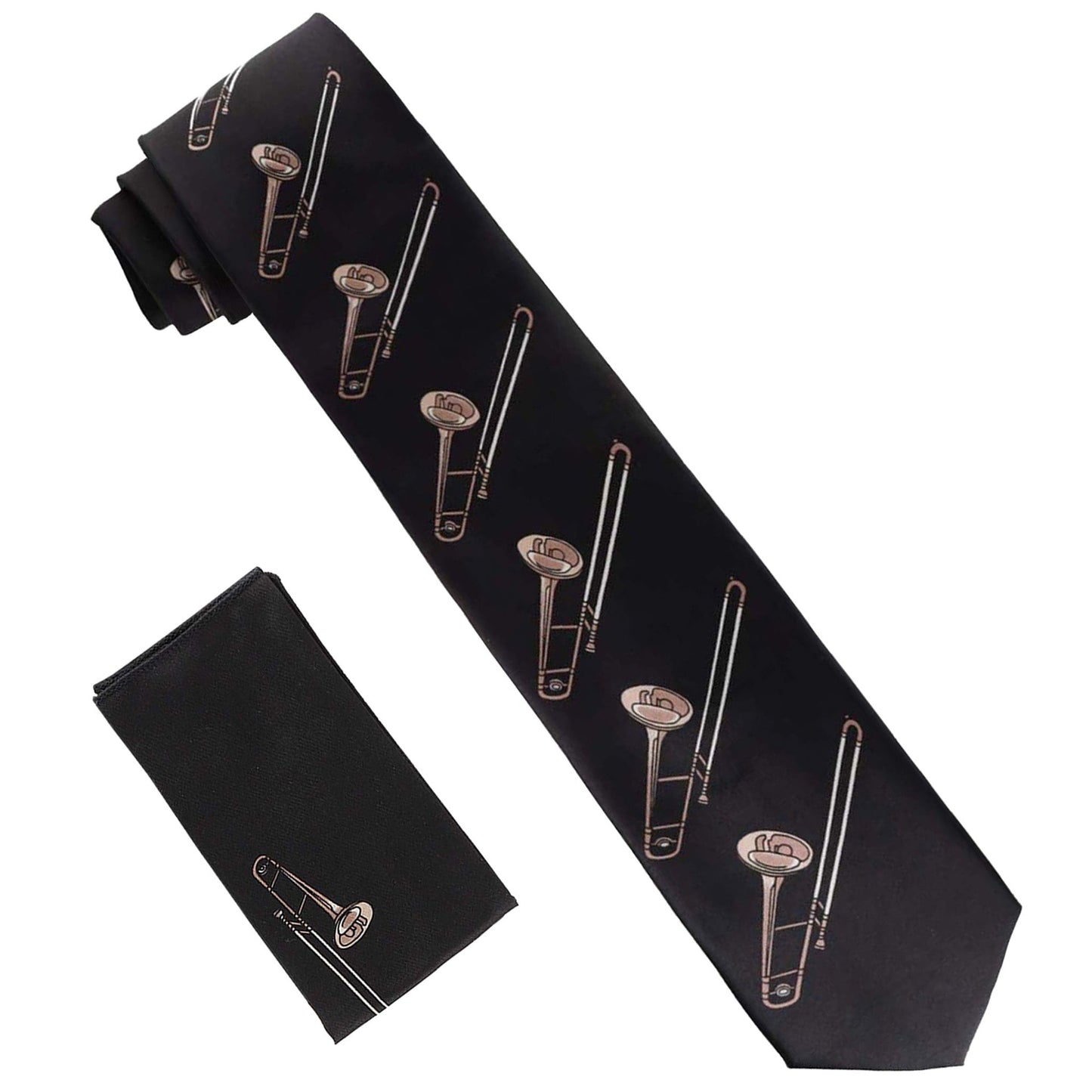 Vittorio Farina Men's Red and Gold Trombone Musical Necktie and Pocket Square - Black and Taupe - Necktie & Pocket Square - Vittorio Farina