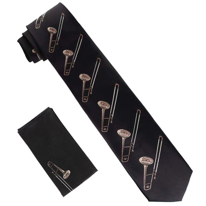 Vittorio Farina Men's Red and Gold Trombone Musical Necktie and Pocket Square - Black and Taupe - Necktie & Pocket Square - Vittorio Farina